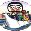 Eight men in coloured winter coats row a canoe on the ocean, under a black and red Native-style line-art of a bird's face.