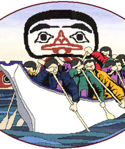 Eight men in coloured winter coats row a canoe on the ocean, under a black and red Native-style line-art of a bird's face.