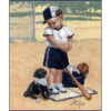 A child dressed for baseball stands at the plate, looking down at a black puppy. A box with mitt, bat, and towels sits beside