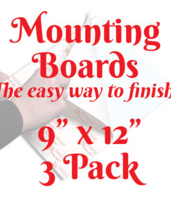 A white square with a faint image of a person's hands using a mounting board. Text in front of it reads, "Mounting Boards, The easy way to finish! 9 inches by 12 inches 3-pack"