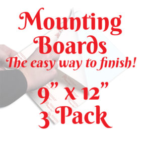 A white square with a faint image of a person's hands using a mounting board. Text in front of it reads, "Mounting Boards, The easy way to finish! 9 inches by 12 inches 3-pack"