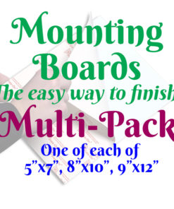 A white square with a faint image of a person's hands using a mounting board. Text in front of it reads, "Mounting Boards, The easy way to finish! Multi-Pack, One of each of 5 inches by 7 inches, 8 inches by 10 inches, and 9 inches by twelve inches"