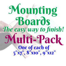 A white square with a faint image of a person's hands using a mounting board. Text in front of it reads, "Mounting Boards, The easy way to finish! Multi-Pack, One of each of 5 inches by 7 inches, 8 inches by 10 inches, and 9 inches by twelve inches"