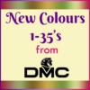 A peach square on a variegated background, with text over it reading, "New Colours, 1-35's from DMC"