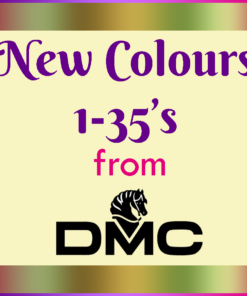 A peach square on a variegated background, with text over it reading, "New Colours, 1-35's from DMC"