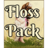 The text "Floss Pack" overlays the image. A brown-haired barefoot child tiptoes gingerly in a meadow. She carries a teddy and wears a frilly white dress and hair bow.