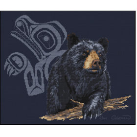 A black bear's head and arms, leaning on a log in front of a white Native line-art of a bear in white on a dark background