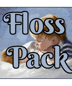 The text "Floss Pack" overlays the image. Two blond children lay on white sheets, a toddler and infant, gazing at each other. The older boy props his head on one hand.