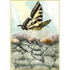 A realistic scene of a Swallowtail Butterfly over a calm forest creek. Its reflection in the water is Native-style line-art.