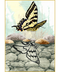 A realistic scene of a Swallowtail Butterfly over a calm forest creek. Its reflection in the water is Native-style line-art.