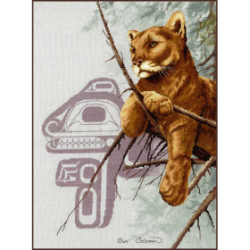 The head and forequarters of a cougar laying on a pine branch. Behind it is a red Native-style line-art of a cougar.