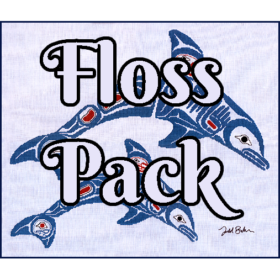 The text "Floss Pack" overlays the image. Two dolphins, blue with red details, arc through the air. Both are in Native line-art style, the smaller one below the other.