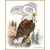 A bald eagle on a cliff over a pine forest looking at the viewer, in front of a silver Native-style line-art bust of an eagle