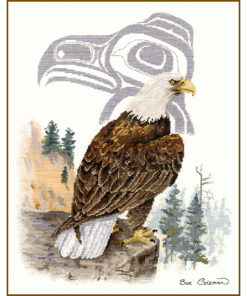A bald eagle on a cliff over a pine forest looking at the viewer, in front of a silver Native-style line-art bust of an eagle