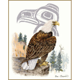 A bald eagle on a cliff over a pine forest looking at the viewer, in front of a silver Native-style line-art bust of an eagle