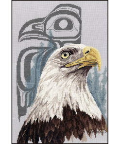 A bust of a bald eagle in front of distant pines, looking past the viewer. Behind is a Native-style line-art eagle in grey.