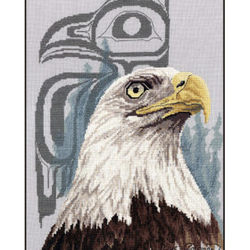 A bust of a bald eagle in front of distant pines, looking past the viewer. Behind is a Native-style line-art eagle in grey.