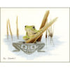 A Green frog sits on bent bull-rushes over a pond. Its reflection in the water is depicted in grey Native-style line-art
