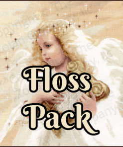The text "Floss Pack" overlays the image. A cherubic blond girl with a gold harp. She has a full flowing white dress, a halo of tiny stars, pale wings barely visible.