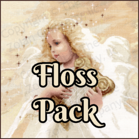 The text "Floss Pack" overlays the image. A cherubic blond girl with a gold harp. She has a full flowing white dress, a halo of tiny stars, pale wings barely visible.