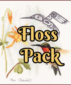The text "Floss Pack" overlays the image. A Ruby-Throated Hummingbird feeds on yellow flowers. A Native-style line-art hummingbird in grey arcs over its head.