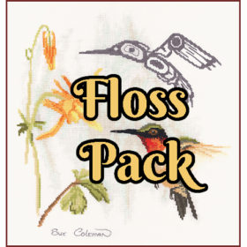 The text "Floss Pack" overlays the image. A Ruby-Throated Hummingbird feeds on yellow flowers. A Native-style line-art hummingbird in grey arcs over its head.