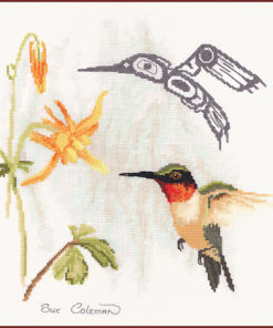 A Ruby-Throated Hummingbird feeds on yellow flowers. A Native-style line-art hummingbird in grey arcs over its head.