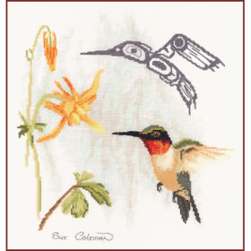A Ruby-Throated Hummingbird feeds on yellow flowers. A Native-style line-art hummingbird in grey arcs over its head.