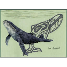Below the ocean waterline, a realistic Humpback Whale crosses in front of a grey Native-styled line-art whale
