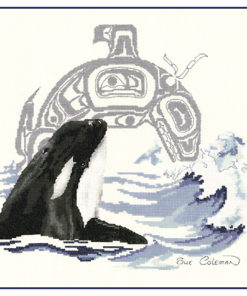 The head and fins of an Orca breaches the ocean surface. A grey Native-style line-art whale behind it leaps above a wave.