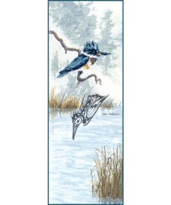 A realistic kingfisher bird perches on a branch over a reedy river. A Native-style line-art bird dives for the water below.