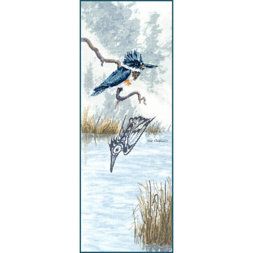 A realistic kingfisher bird perches on a branch over a reedy river. A Native-style line-art bird dives for the water below.