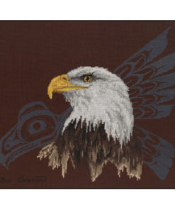 A realistically-styled bust of a bald eagle in profile, in front of a blue Native-style line-art of an eagle in flight.