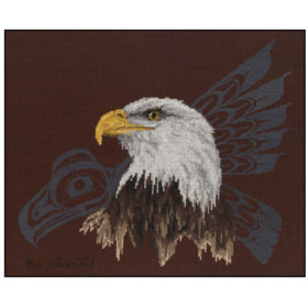 A realistically-styled bust of a bald eagle in profile, in front of a blue Native-style line-art of an eagle in flight.