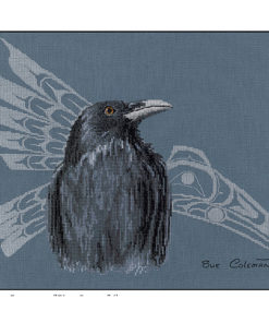 A raven or crow with head turned to regard the viewer with one eye. A silver Native line-art of a bird flies behind it.