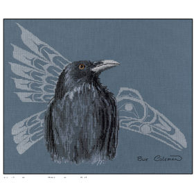 A raven or crow with head turned to regard the viewer with one eye. A silver Native line-art of a bird flies behind it.