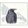 A brown-eyes crow looks off into the distance past the view. A native Line-art style crow soars behind it.