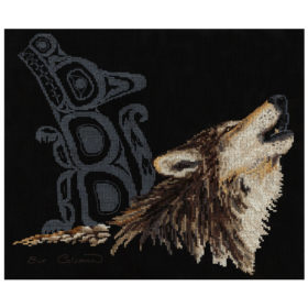 The head and shoulders of a howling timber wolf in profile. A grey Native-style line-art wolf crouches behind it, head raised.