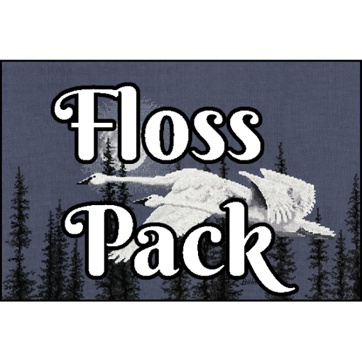 The text "Floss Pack" overlays the image. Two white swans flying side by side by the light of a full moon. In the distance behind is a treeline of tall, thin pines.