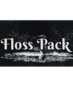 The text "Floss Pack" overlays the image. A loon, mid-landing on a lake in darkness. White ripples surround it. Its wings splash white water droplets into the air.