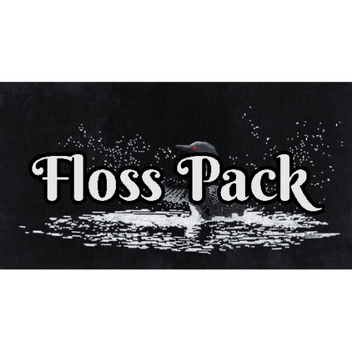 The text "Floss Pack" overlays the image. A loon, mid-landing on a lake in darkness. White ripples surround it. Its wings splash white water droplets into the air.
