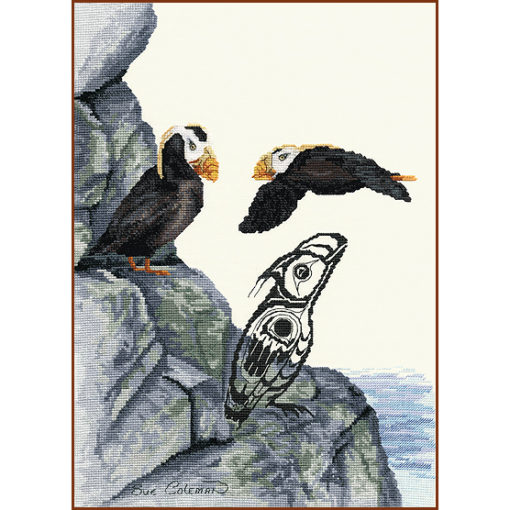 A Tufted Puffin sits on a rock in the sea, as another flies past. A black Native-styled line-art of a puffin watches it pass.