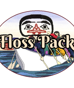 The text "Floss Pack" overlays the image. Eight men in coloured winter coats row a canoe on the ocean, under a black and red Native-style line-art of a bird's face.
