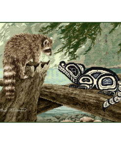A realistic raccoon on a stump over a forest river. A Native-style line-art raccoon in black and blue sits on a log beside it