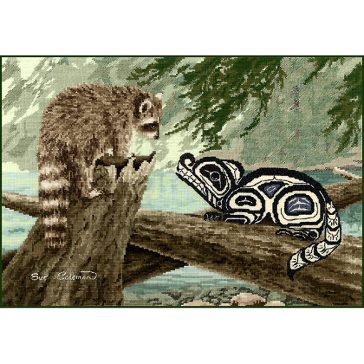 A realistic raccoon on a stump over a forest river. A Native-style line-art raccoon in black and blue sits on a log beside it