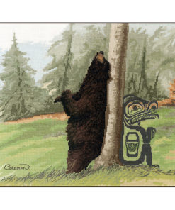 A black bear scratches itself against a tree in a pine forest. A Native line-art bear crouches against the trunk's other side