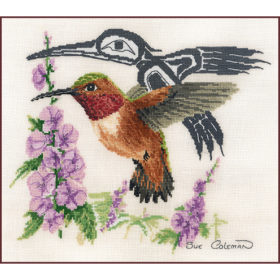 A Rufus Hummingbird, feeding from a purple hyssop flower stalk, watched over by a Native-stylized line-art of a hummingbird.