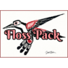The text "Floss Pack" overlays the image. A Native-style line-art hummingbird, in black with red detail. Wings thrown back and tail forward, it hovers as if feeding.
