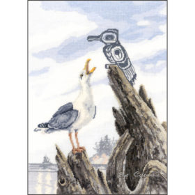 A seagull perched on a stone at a cloudy beach, open mouth raised towards a Native stylized line-art of a sea bird.