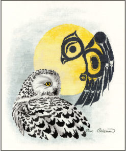 A snowy owl in three-quarter profile, in front of a full yellow moon. A Native line-art owl perches on the right of the moon.